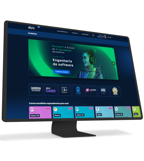 Um monitor e um celular com a alura plus aberto